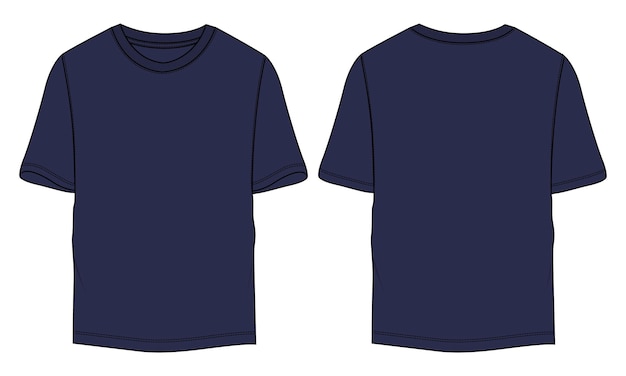 Ilustração em vetor de desenho plano de moda técnica de camiseta Navy Color modelo vistas frontais e traseiras