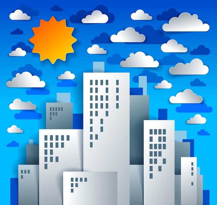 Vetor ilustração em vetor de desenhos animados de paisagem urbana em estilo de aplicação de crianças de corte de papel, edifícios de alta cidade, casas de propriedade real e nuvens no céu.