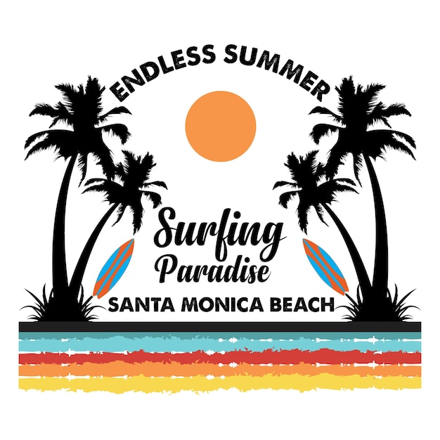 Vetor ilustração em vetor de design de camiseta de verão sem fim para o paraíso de surfe de santa monica beach