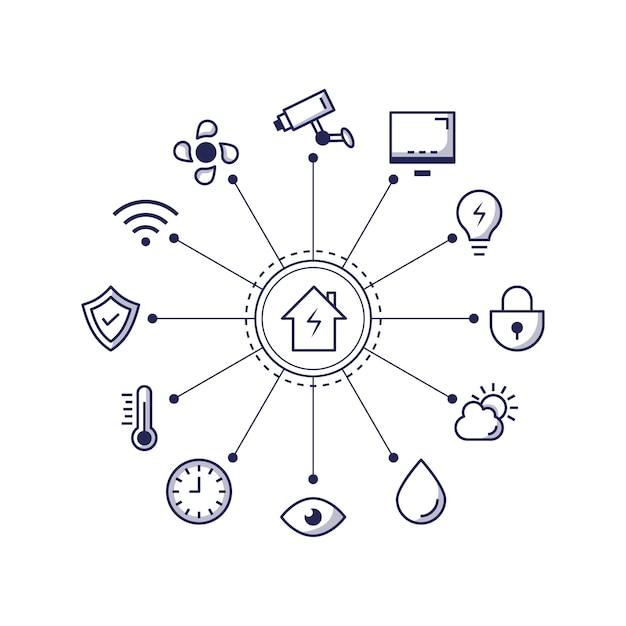 Ilustração em vetor de design de conjunto de ícones de casa inteligente no estilo de linha azul de apresentação de diagrama circular