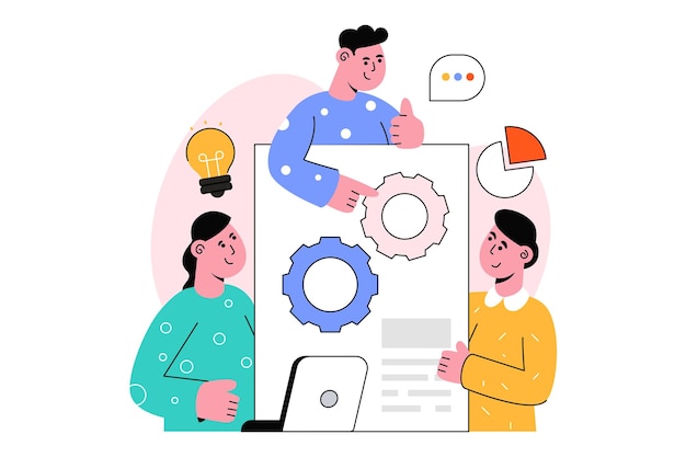 Ilustração em vetor de design de estilo plano de desenvolvimento de equipe. Ilustração em estoque