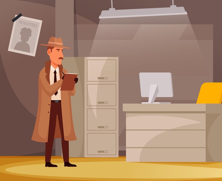 Vetor ilustração em vetor de detetive homem em um casaco e chapéu investigando