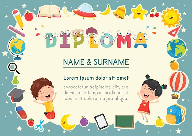 Ilustração em vetor de Diploma de crianças pré-escolares