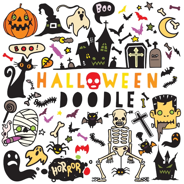 Ilustração em vetor de doodle halloween design de cartaz conjunto, mão