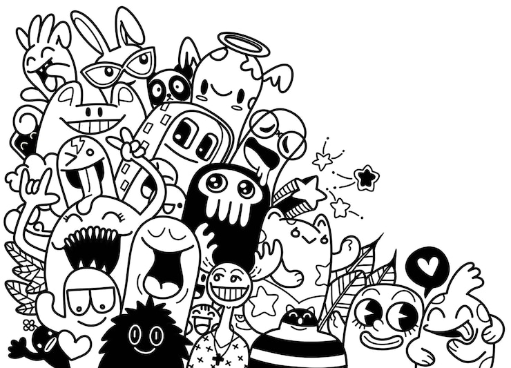 Vetor ilustração em vetor de doodle monstro fofo com espaço de cópia