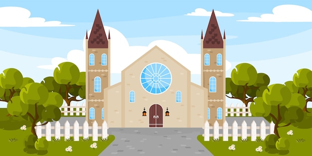Ilustração em vetor de edifícios urbanos de desenhos animados da igreja com árvores de flores de cercas