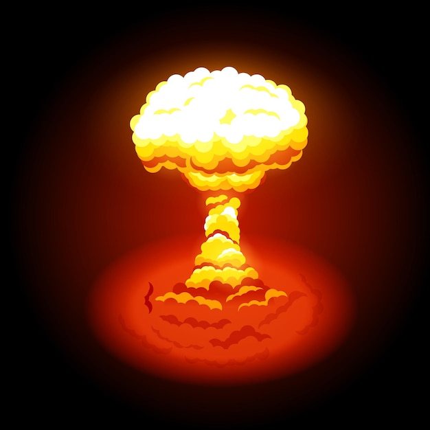 Ilustração em vetor de explosão nuclear brilhante. Símbolo de proteção ambiental e os perigos da energia nuclear. Explosões nucleares produzem radiação e detritos radioativos.