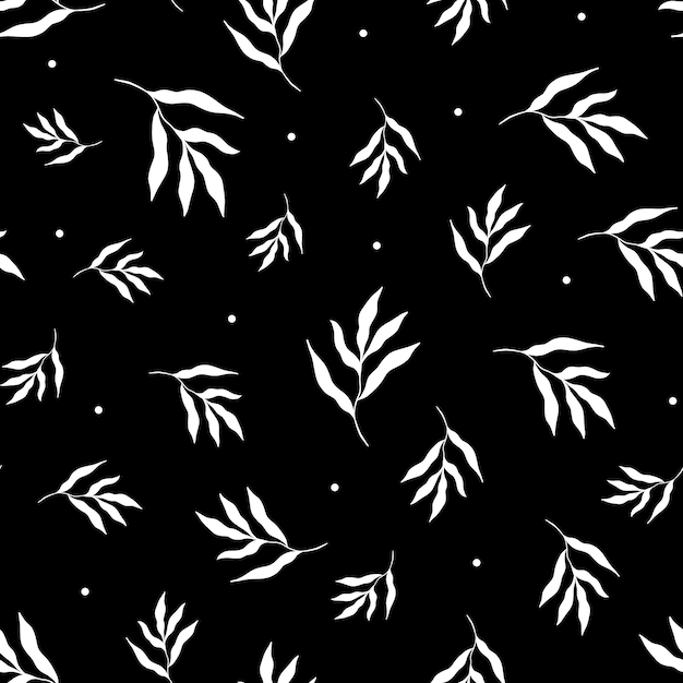 Ilustração em vetor de folhas brancas de plantas tropicais formando um padrão perfeito em fundo preto