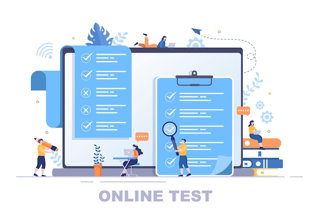 Ilustração em vetor de fundo de teste on-line com lista de verificação, exame, escolha de resposta, formulário, e-learning e conceito de educação