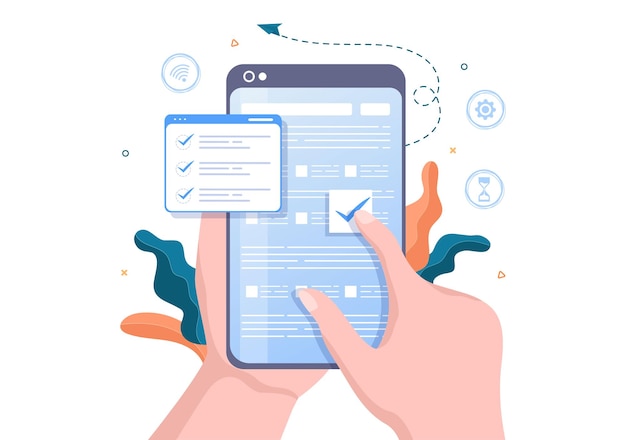 Ilustração em vetor de fundo de teste on-line com lista de verificação, exame, escolha de resposta, formulário, e-learning e conceito de educação
