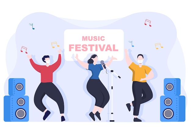 Ilustração em vetor de fundo do festival de música com instrumentos musicais e apresentação de canto ao vivo para modelo de pôster, banner ou brochura