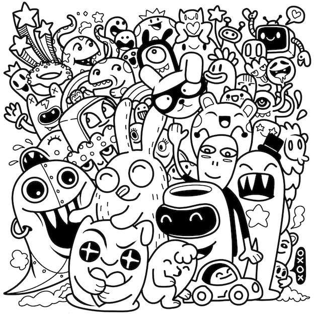 Vetor ilustração em vetor de fundo monstro fofo doodle desenho de mão doodle