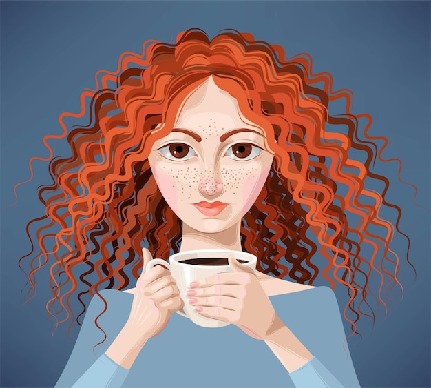 Ilustração em vetor de garota ruiva com uma xícara de café