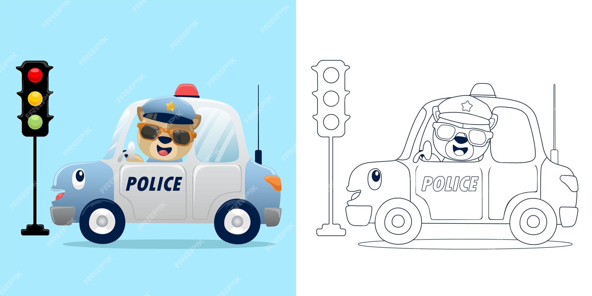 Página para colorir com carro de polícia dos desenhos animados