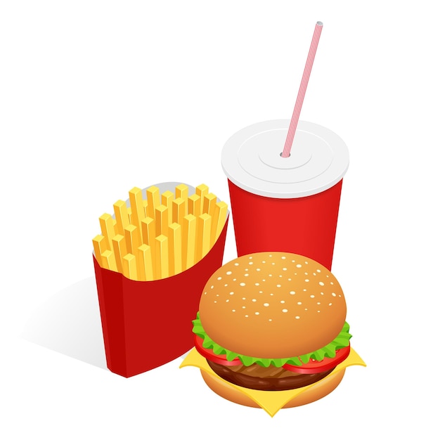 Vetor ilustração em vetor de hambúrguer de comida isométrica, batatas fritas e cola. conceito de fast-food. lanche saboroso