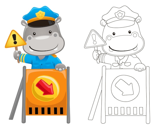Ilustração em vetor de hipopótamo de desenho animado em traje de polícia com sinal de trânsito livro de colorir ou página para crianças