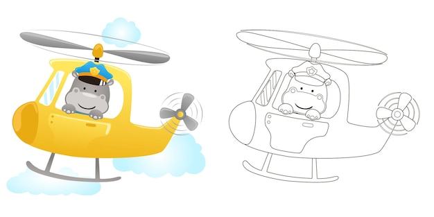 Ilustração em vetor de hipopótamo de desenho animado usando boné de piloto em helicóptero livro de colorir ou página para crianças