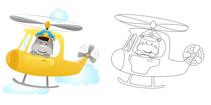Vetor ilustração em vetor de hipopótamo de desenho animado usando boné de piloto em helicóptero livro de colorir ou página para crianças