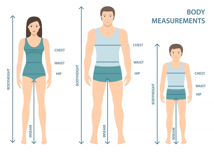Ilustração em vetor de homem, mulher e menino de corpo inteiro com linhas de medição dos parâmetros do corpo. Medidas de tamanhos de homem, mulher e criança. Medidas e proporções do corpo humano. Design plano.