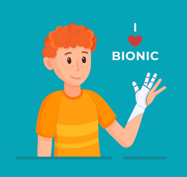 Ilustração em vetor de i love bionic um menino em seu braço com uma prótese de braço está curtindo a vida