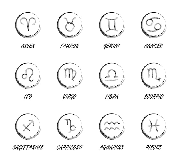Ilustração em vetor de ícones de horóscopo do zodíaco desenhados à mão