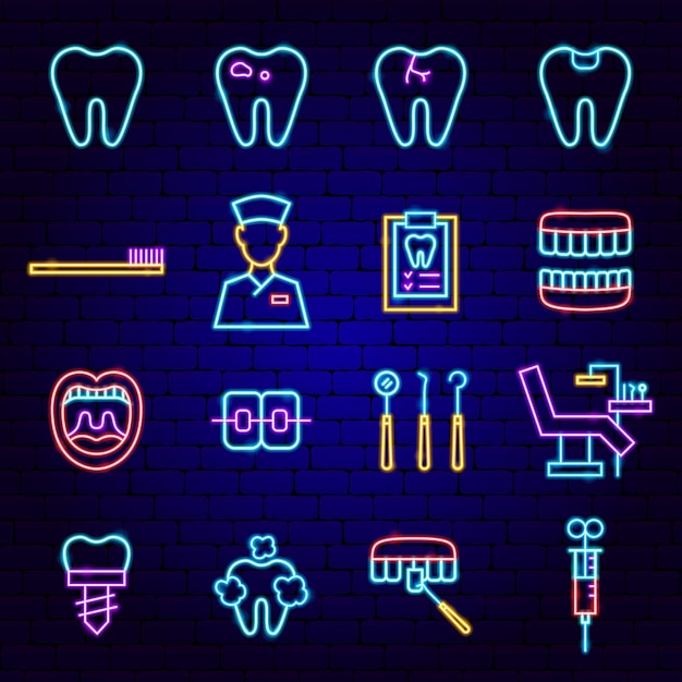 Vetor ilustração em vetor de ícones de néon de clínica odontológica de promoção de estomatologia