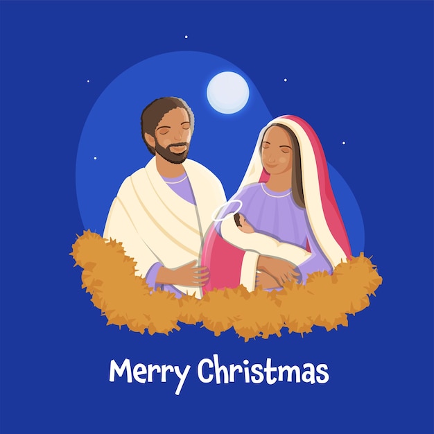 Vetor ilustração em vetor de josé e maria segurando um bebê infantil no fundo azul da lua cheia para a celebração do feliz natal.