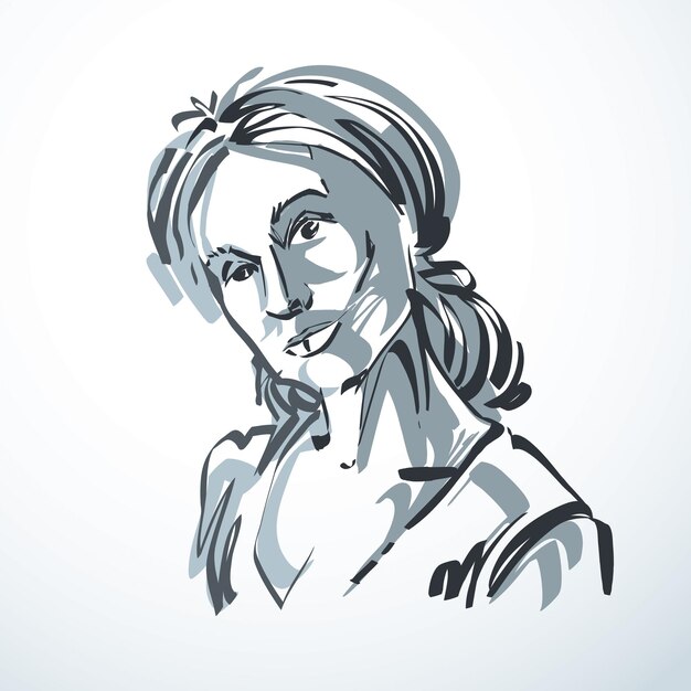 Ilustração em vetor de jovem elegante mulher, imagem de arte. Retrato preto e branco de mulher atraente, características de rosto e emoções de personalidade.