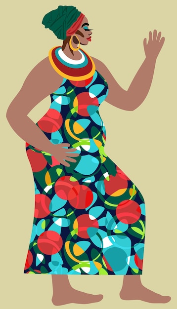 Ilustração em vetor de jovem mulher africana atraente em vestido colorido.