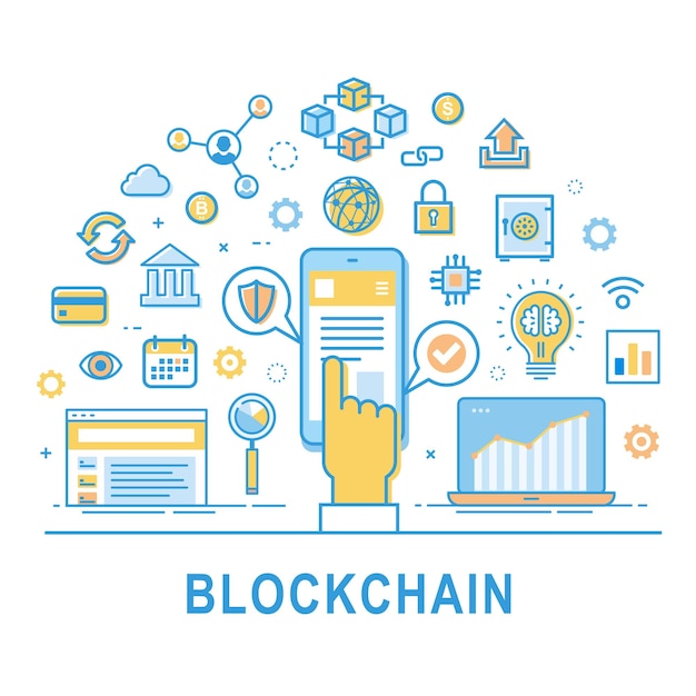 Ilustração em vetor de linha de tecnologia blockchain em fundo branco com texto design de criptomoeda de segurança blockchain com mão e smartphone conjunto de símbolos de logotipo de ícone moderno de cadeia de bloco vetorial