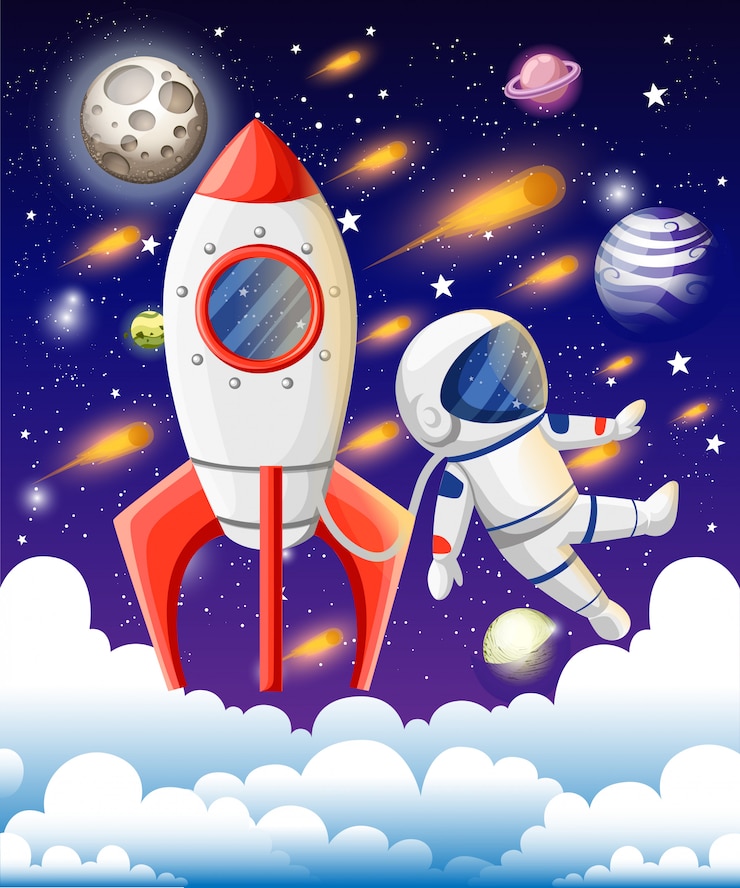 Vetor ilustração em vetor de livro aberto com elementos do espaço - sistema solar, ônibus espacial, planetas, estrelas, terra, cometa. conceito de imaginação feito em estilo simples.