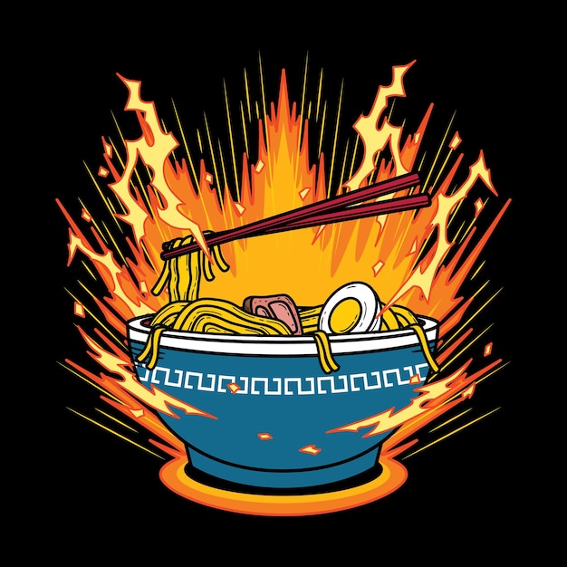 Ilustração em vetor de macarrão ramen udon com estilo de desenho animado retro vintage em fundo preto