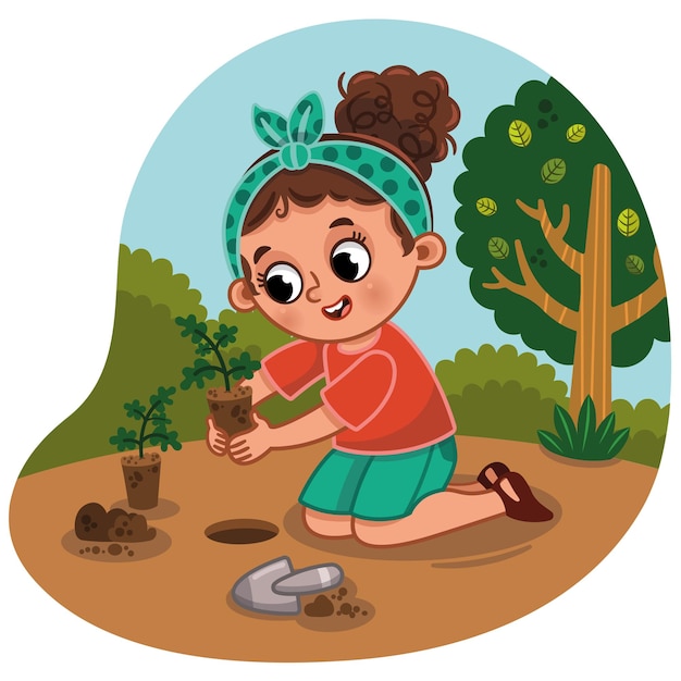 Vetor ilustração em vetor de menina plantando plantas na natureza