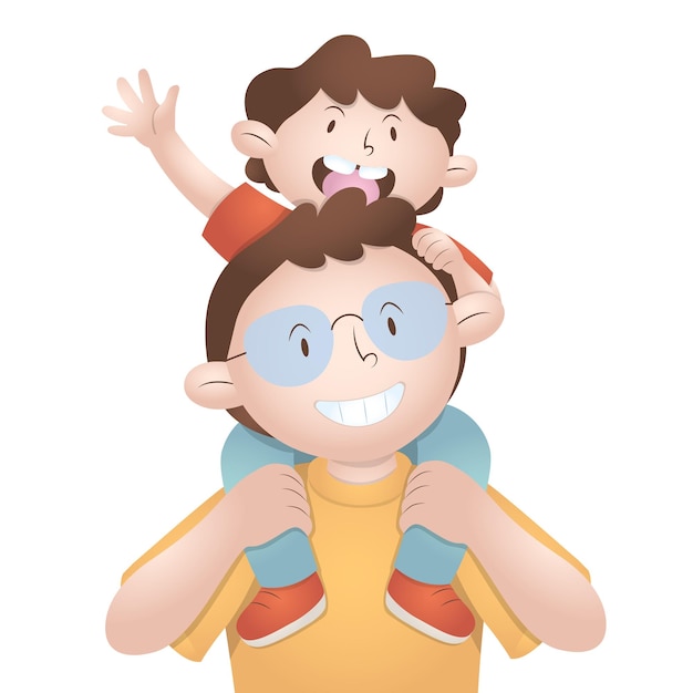 Ilustração em vetor de menino acenando nos ombros do pai