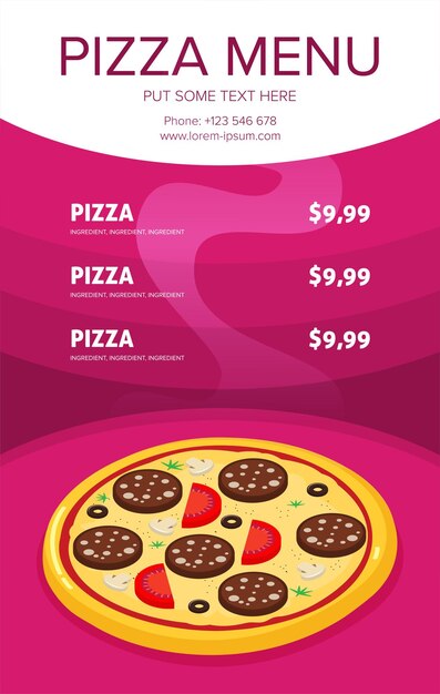 Vetor ilustração em vetor de menu de cartão de pizza de estilo simples