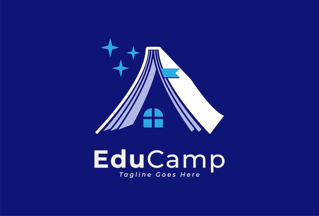 Ilustração em vetor de modelo de logotipo de design plano de combinação de livro de logotipo de educação e acampamento escolar