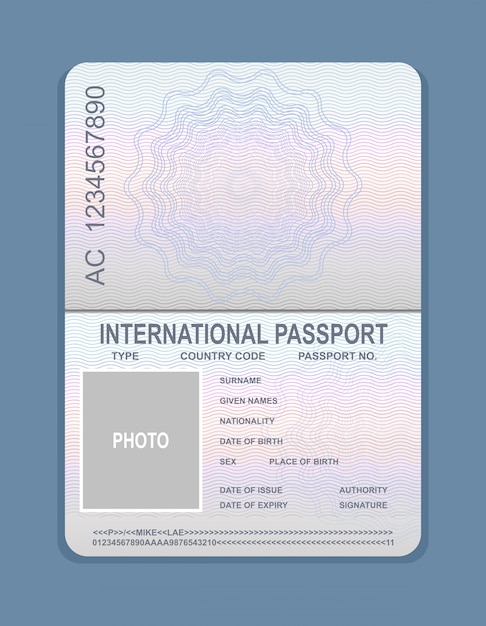 Vetor ilustração em vetor de modelo de passaporte aberto. documento para o conceito de viagem, amostra de passaporte.