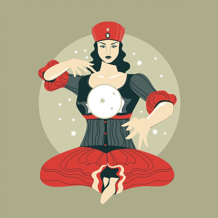 Vetor ilustração em vetor de mulher cartomante lendo o futuro na bola de cristal mágico