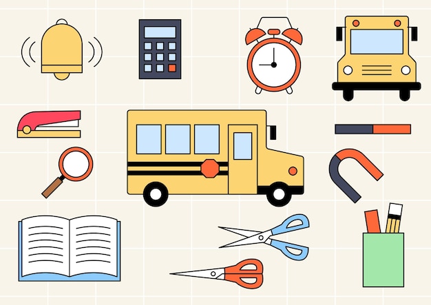 Ilustração em vetor de ônibus escolar e artigos de papelaria