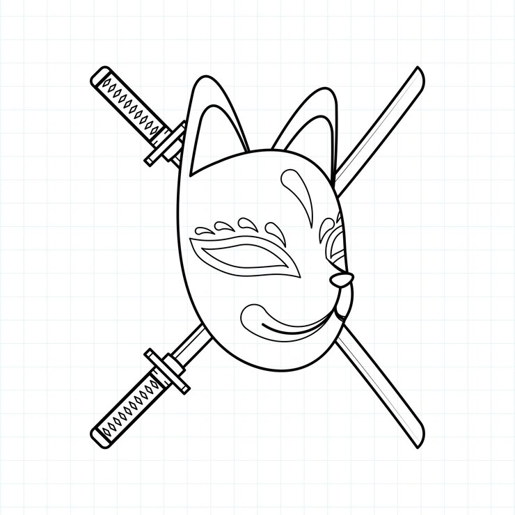 Vetor ilustração em vetor de página para colorir de máscara kitsune japonesa