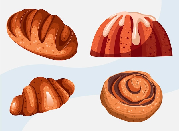 Ilustração em vetor de pastelaria como pão, bolo, bisquit, croissant, cinnabon.