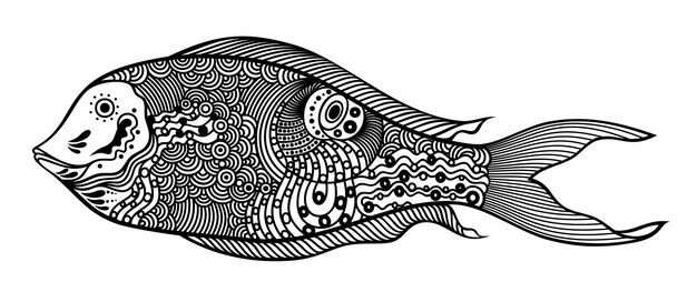 Ilustração em vetor de peixe doodle isolado, estilizado na cor preta sobre fundo branco.