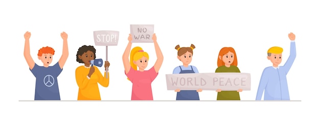 Ilustração em vetor de protesto popular rally contra a guerra reunião de pessoas protesto