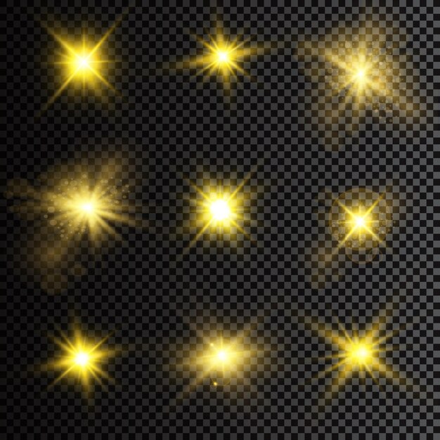 Ilustração em vetor de raios de luz de reflexo abstrato Um conjunto de estrelas de luz e raios de radiância e brilho