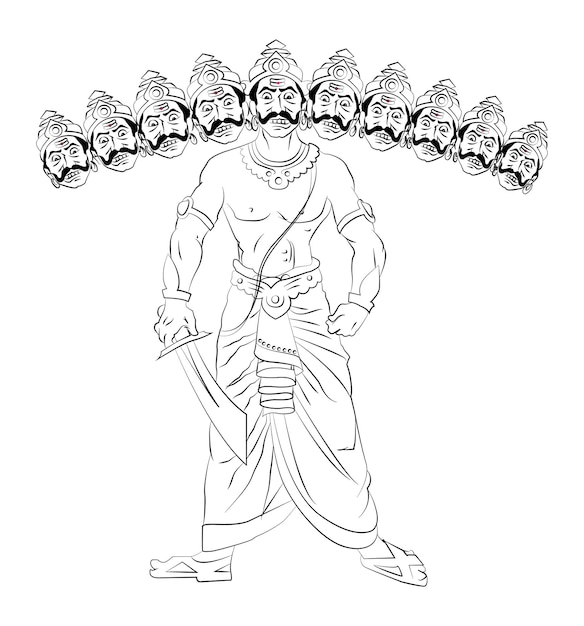 Ilustração em vetor de ravana com desenho de linha de 10 cabeças