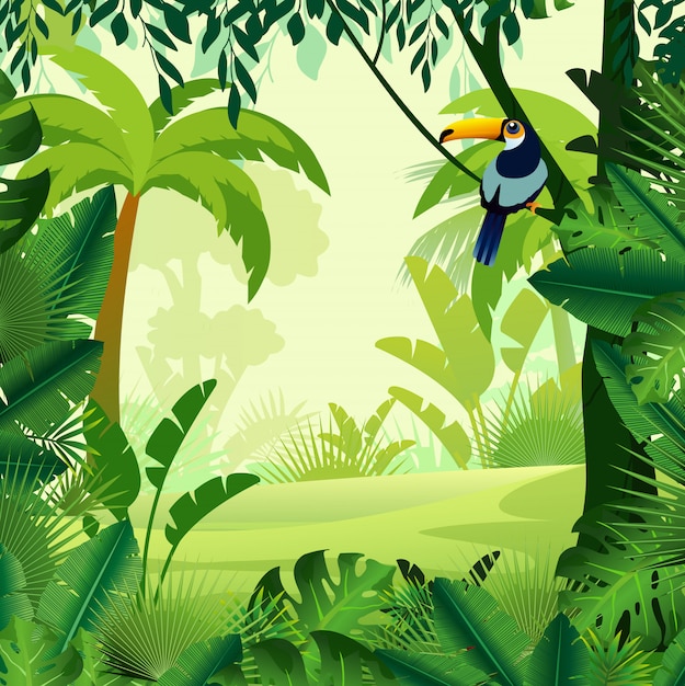 Vetor ilustração em vetor de selva de manhã de fundo bonito. selva brilhante com samambaias e flores. para design de jogos, sites e telefones celulares, impressão.