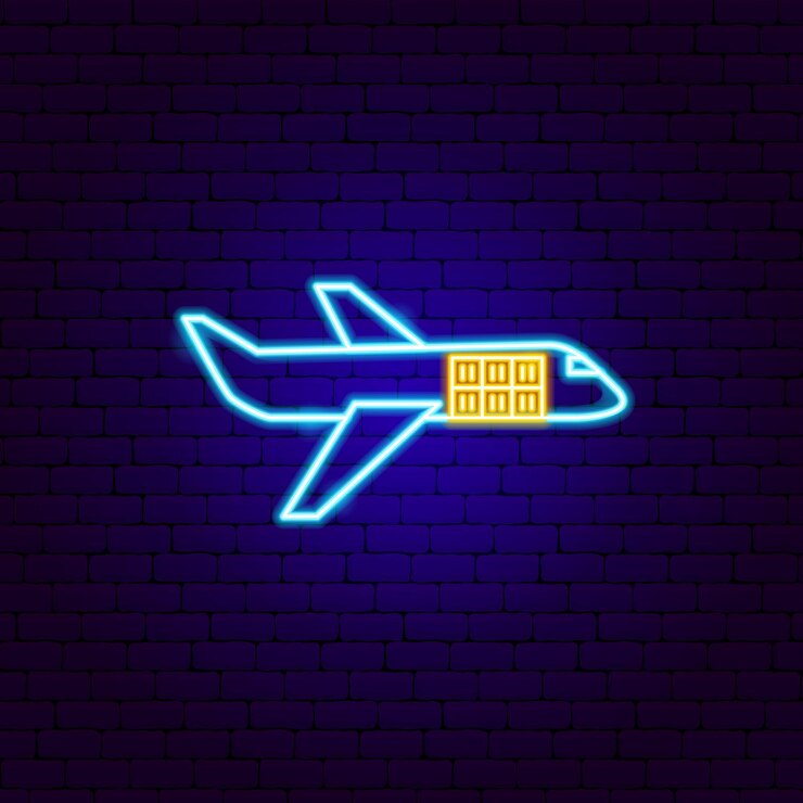 Vetor ilustração em vetor de sinal de néon de avião de carga de promoção de transporte