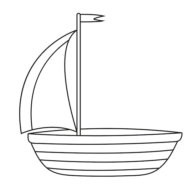 Vetor ilustração em vetor de um barco de madeira com uma linha de esboço de desenho manual de velas escarlates