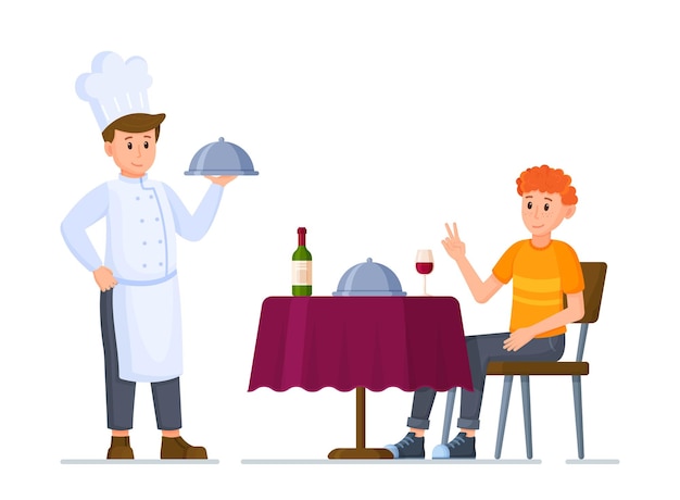 Ilustração em vetor de um conceito de restaurante. mesa de restaurante moderno reservada com toalha de mesa, vinho, copo e prato sob cloche. jantar em um restaurante depois do trabalho. lazer.