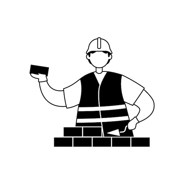 Vetor ilustração em vetor de um construtor masculino em um capacete, colocando um contorno de tijolo